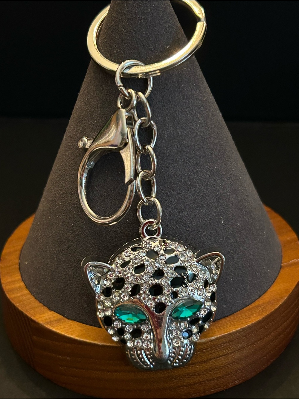Silver Leopard Head Keychain Bag Charm w/Assorted Color Crystal Eyes